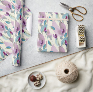 Paarse Groene Bloemige Waterverf Handgeschilderd Cadeaupapier