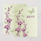 Paarse, groene bloemkaart met vlinders antwoordkaa kaart (Voorkant / Achterkant)