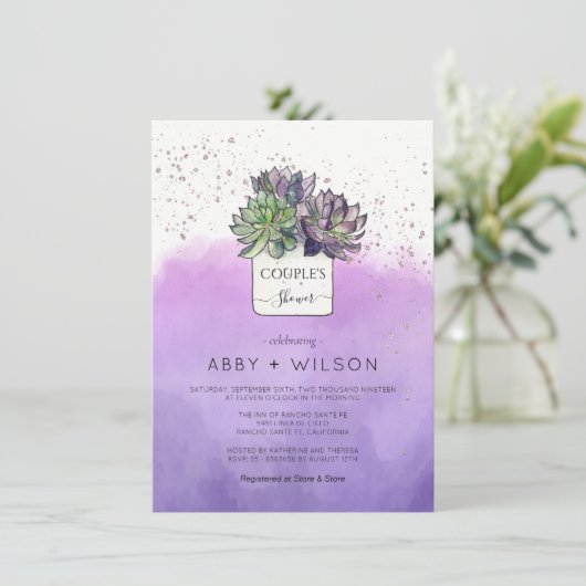 Paarse Groene Cactus Succulent Couple's Shower Kaart (Staand voorkant)