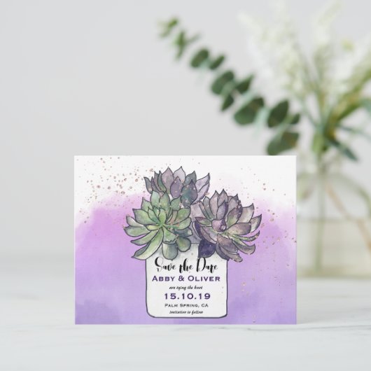 Paarse Groene Cactus Succulent Foto Opslaan De Dat Aankondigingskaart (Staand voorkant)