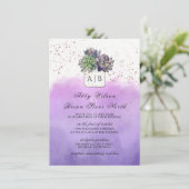 Paarse Groene Cactus Succulent Monogram Bruiloft Kaart (Staand voorkant)