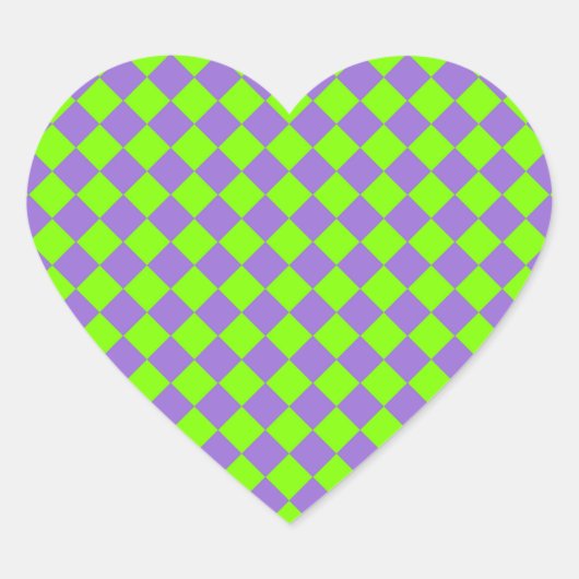 Paarse Groene Checker Diamantpatroon Hart Sticker (Voorkant)