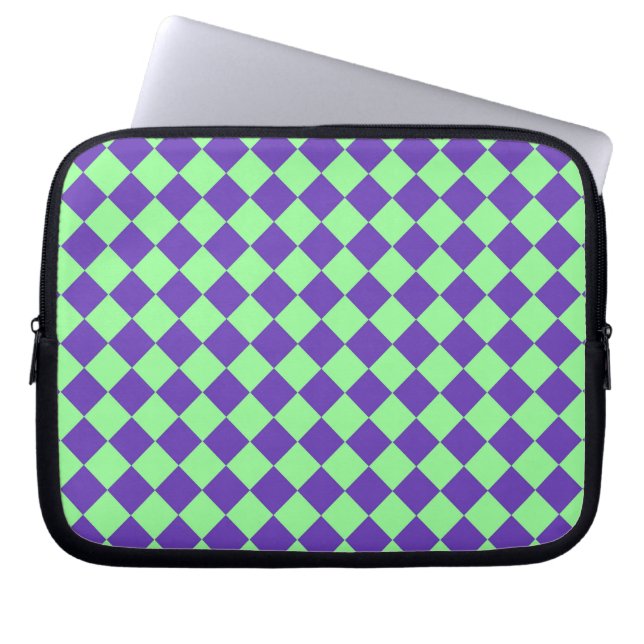 Paarse Groene Checker Diamantpatroon Laptop Sleeve (Voorkant)