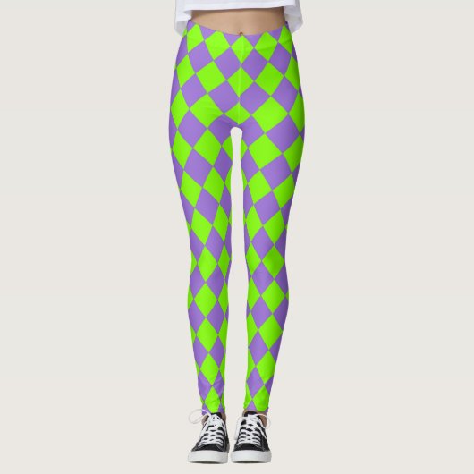 Paarse Groene Checker Diamantpatroon Leggings (Voorkant)