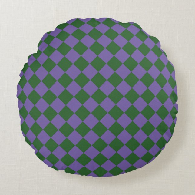 Paarse Groene Checker Diamantpatroon Rond Kussen (Voorkant)