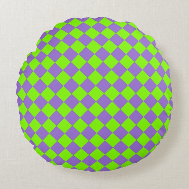 Paarse Groene Checker Diamantpatroon Rond Kussen (Voorkant)