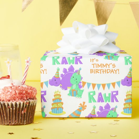 Paarse Groene Dinosaurus Party Kinderen Verjaardag Cadeaupapier (Verjaardagsfeest)