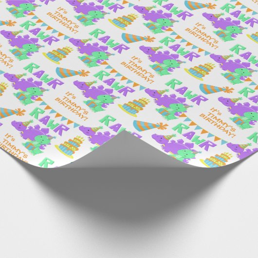 Paarse Groene Dinosaurus Party Kinderen Verjaardag Cadeaupapier (Hoek)
