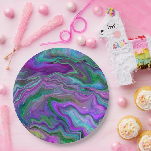 Paarse, groene en blauwe kunstmarmer papieren bordje (Feest)