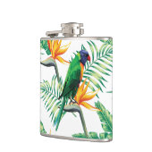 Paarse groene en Oranje papegaai en bloemetjes Heupfles (Links)