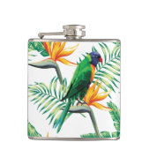 Paarse groene en Oranje papegaai en bloemetjes Heupfles (Voorkant)