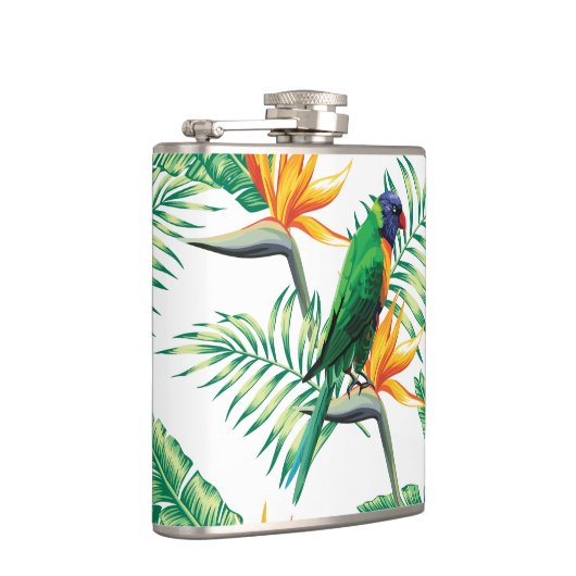 Paarse groene en Oranje papegaai en bloemetjes Heupfles (Rechts)