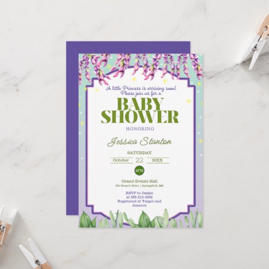 Paarse Groene en Roze Baby shower Uitnodiging (Voorkant / Achterkant in situ)
