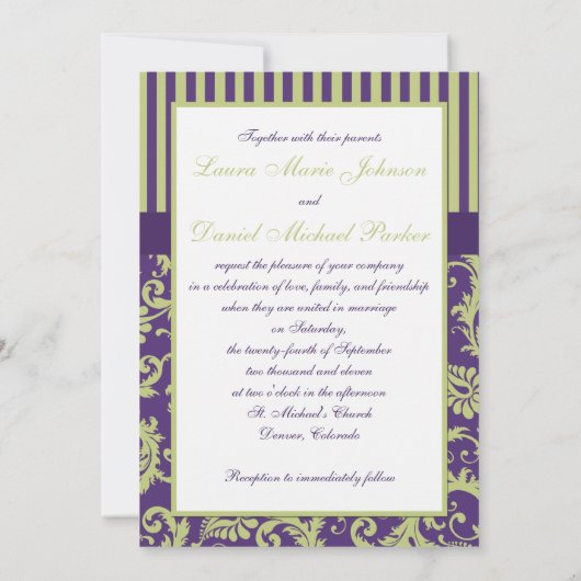 Paarse, Groene, en Witte Damask Huwelijksuitnodigi Kaart (Achterkant)