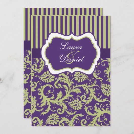 Paarse, Groene, en Witte Damask Huwelijksuitnodigi Kaart (Voorkant / Achterkant)