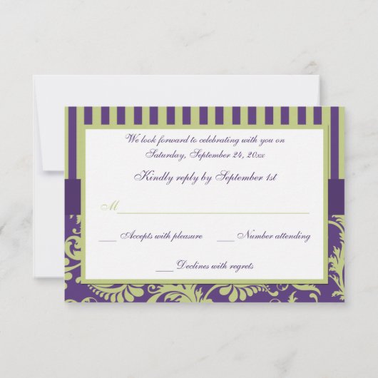 Paarse, Groene, en Witte Damast RSVP-Kaart RSVP Kaartje (Achterkant)