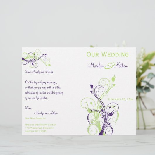 Paarse, groene en witte Floral Wedding Programme (Staand voorkant)