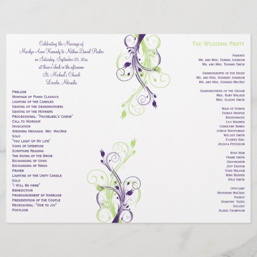 Paarse, groene en witte Floral Wedding Programme (Achterkant)