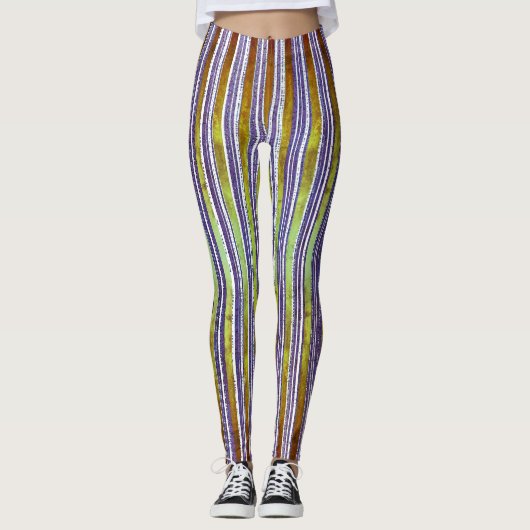 Paarse, groene en witte stripte Patroon Leggings (Voorkant)