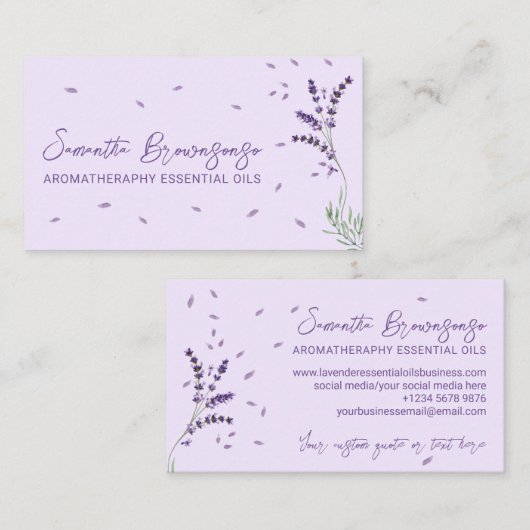 Paarse groene Essential Oils met de aanduiding Lav Visitekaartje (Voorkant / Achterkant)