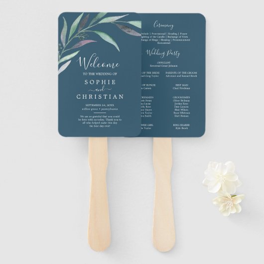 Paarse groene eucalyptus | Blue Wedding Programme  Handwaaier (Voorkant en achterkant)