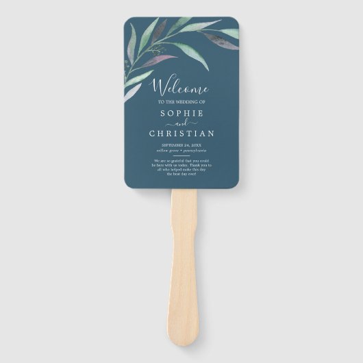 Paarse groene eucalyptus | Blue Wedding Programme Handwaaier (Voorkant)