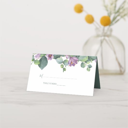 Paarse groene Eucalyptus Floral Greenery Wedding Plaatskaartje (Achterkant)