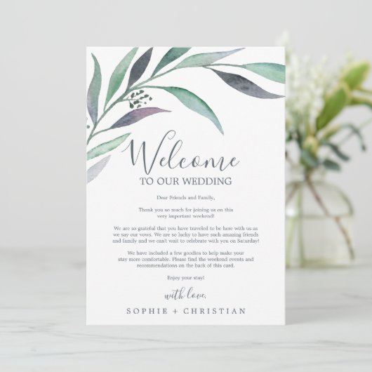 Paarse groene eucalyptus Welkomstbrief & reisroute (Staand voorkant)