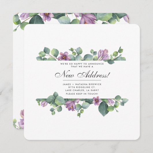 Paarse groene eucalyptusbladeren verplaatsen nieuw aankondiging (Voorkant / Achterkant)