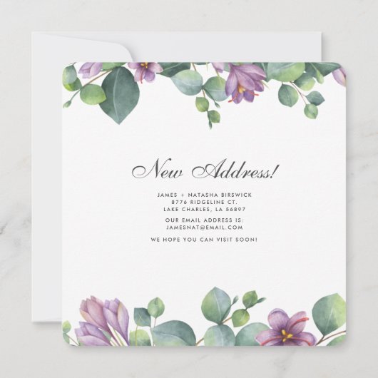 Paarse groene eucalyptusbladeren verplaatsen nieuw aankondiging (Achterkant)