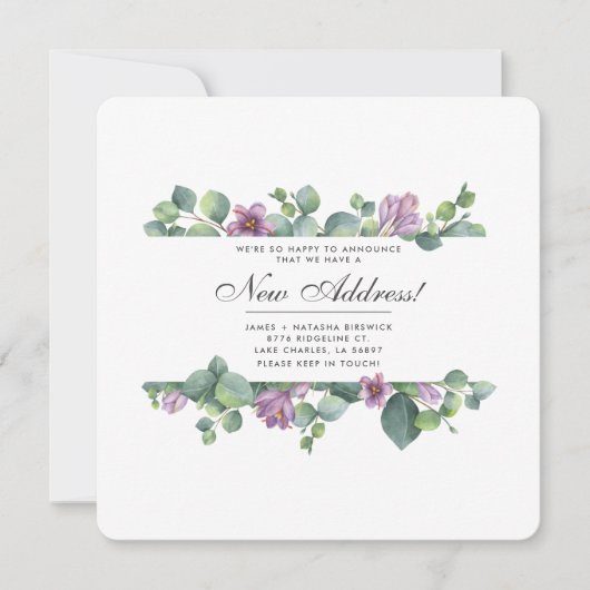 Paarse groene eucalyptusbladeren verplaatsen nieuw aankondiging (Voorkant)