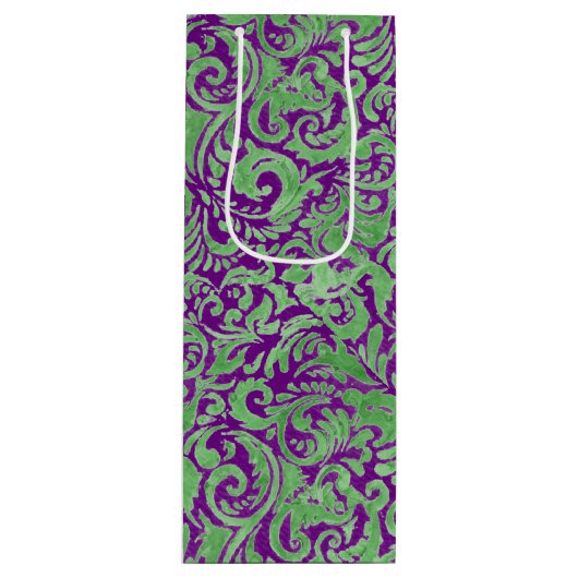 Paarse Groene Floral Batik Wijn Cadeautas (Voorkant)