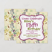 Paarse Groene Floral Birthday Party Kaart (Voorkant / Achterkant)