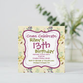 Paarse Groene Floral Birthday Party Kaart (Staand voorkant)