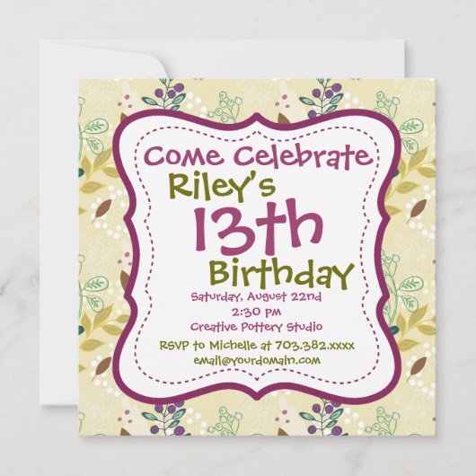 Paarse Groene Floral Birthday Party Kaart (Voorkant)