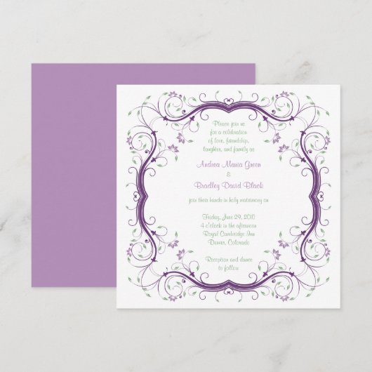 Paarse groene Floral Scroll Wedding Invitation Kaart (Voorkant / Achterkant)