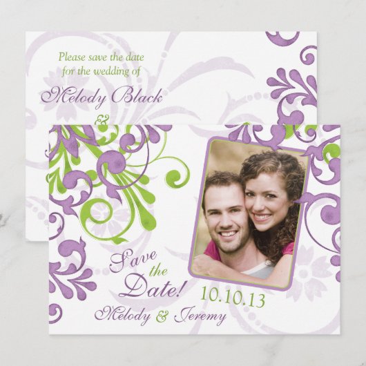 Paarse Groene Floral Wedding Foto Save the Date (Voorkant / Achterkant)