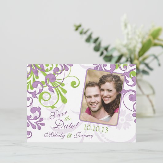 Paarse Groene Floral Wedding Foto Save the Date (Staand voorkant)