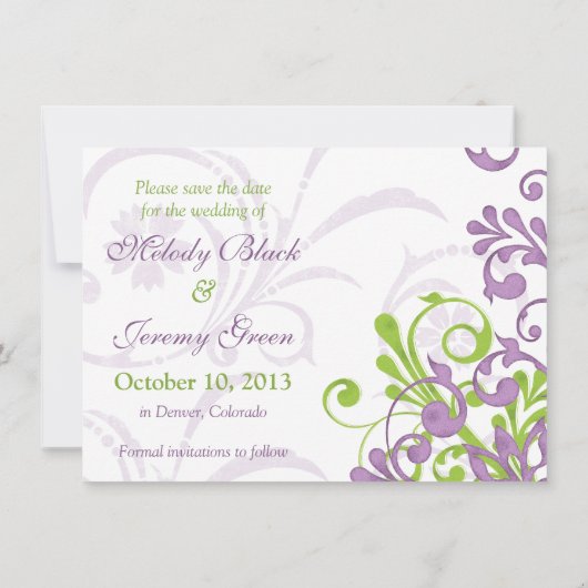 Paarse Groene Floral Wedding Foto Save the Date (Achterkant)