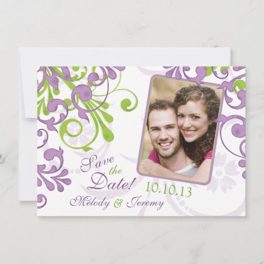 Paarse Groene Floral Wedding Foto Save the Date (Voorkant)