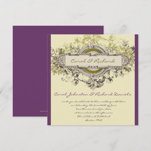 Paarse Groene  Floral Wedding Uitnodiging (Voorkant / Achterkant)