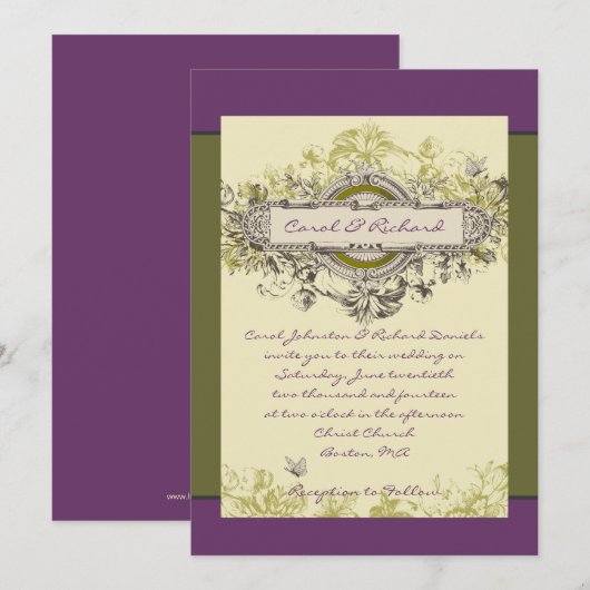 Paarse Groene Floral Wedding Uitnodiging (Voorkant / Achterkant)
