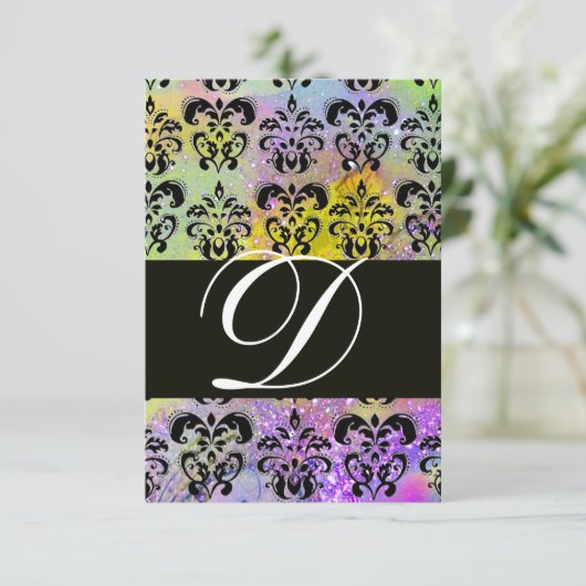 PAARSE GROENE GEEL ZWART DAMASKER MONOGRAM RSVP KAARTJE (Staand voorkant)