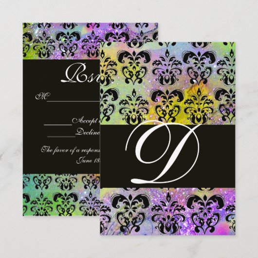 PAARSE GROENE GEEL ZWART DAMASKER MONOGRAM RSVP KAARTJE (Voorkant / Achterkant)