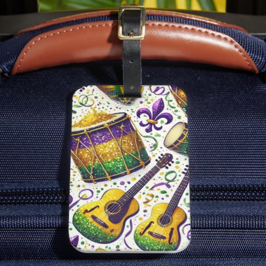 PAARSE GROENE GOUD MARDI GRAS MUZIEKINSTRUMENTEN BAGAGELABEL (Voorkant Insitu 2)