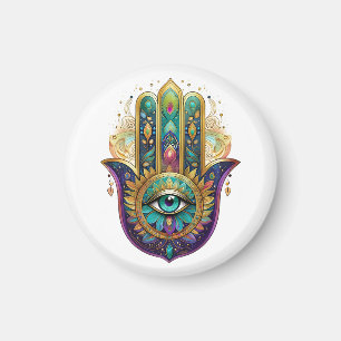 Paarse Groene Gouden Bloemblaadjes Hamsa Turkoois  Magneet