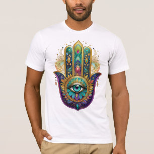 Paarse Groene Gouden Bloemblaadjes Hamsa Turkoois  T-shirt