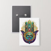 Paarse Groene Gouden Bloemblaadjes Hamsa Turquoise Button (Voorkant / Achterkant)