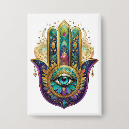 Paarse Groene Gouden Bloemblaadjes Hamsa Turquoise Button