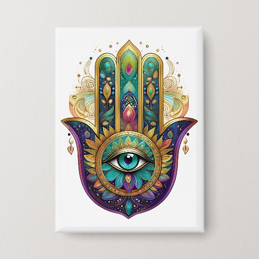 Paarse Groene Gouden Bloemblaadjes Hamsa Turquoise Button (Voorkant)
